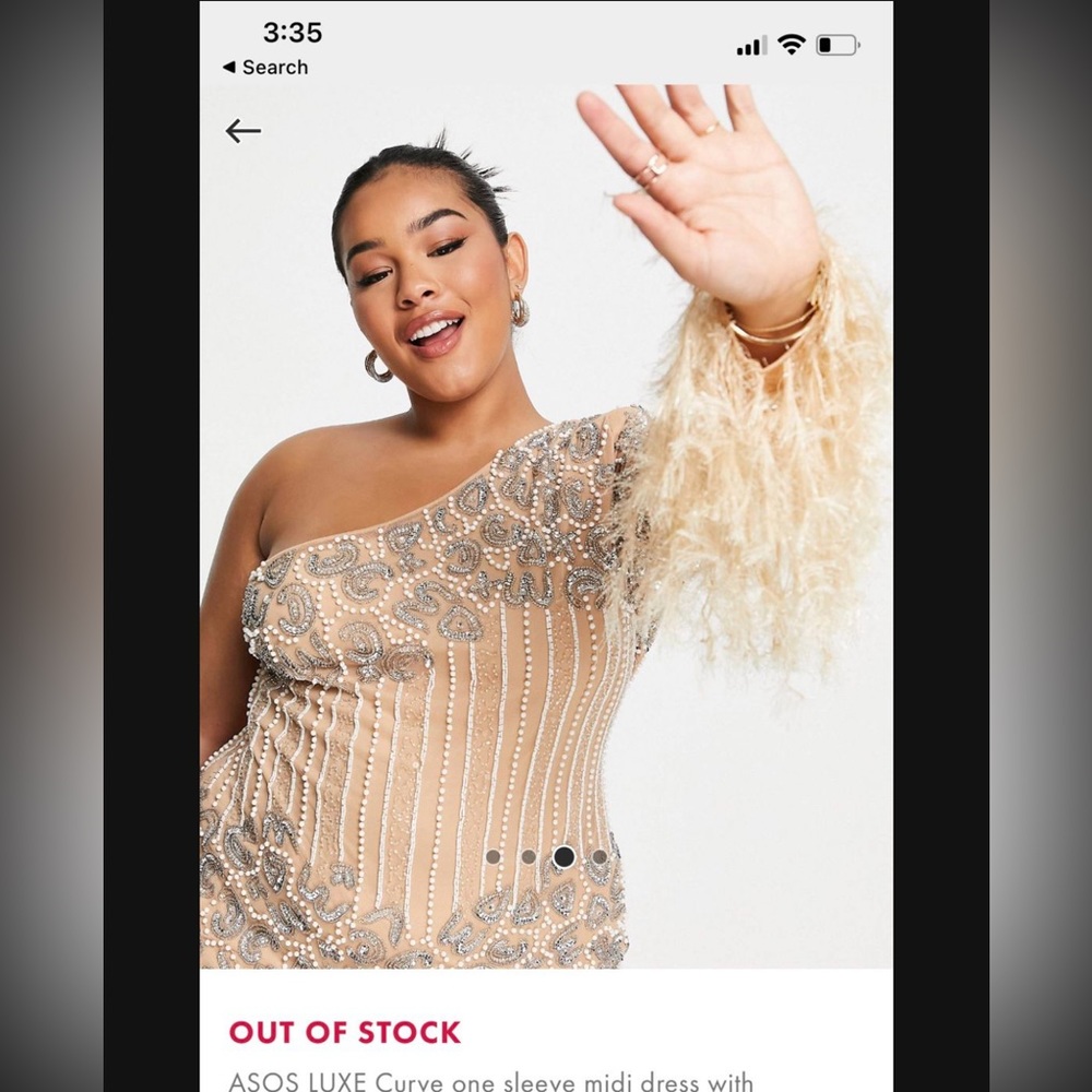 ASOS LUXE Curve one sleeve midi dress w/ embellishment & faux feather mink hem